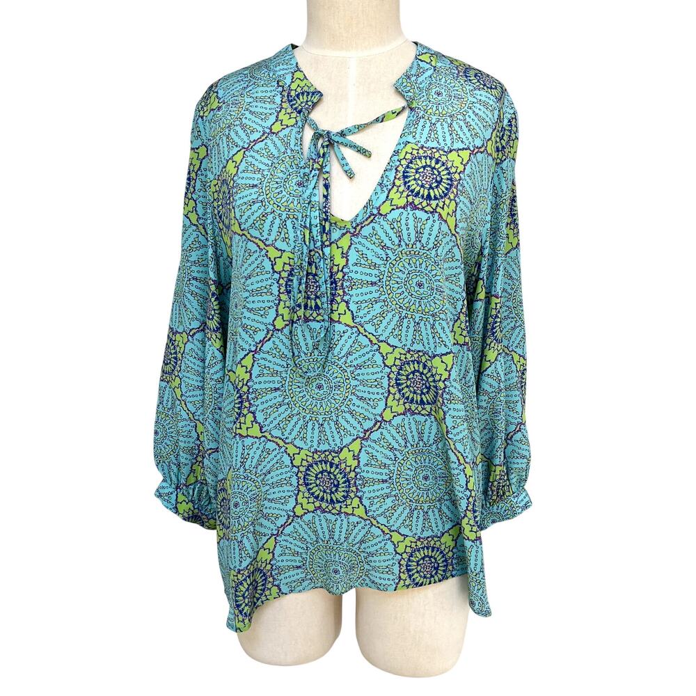 Lauren Gold 100% Silk Boho Print Tie-Neck Blouse Small